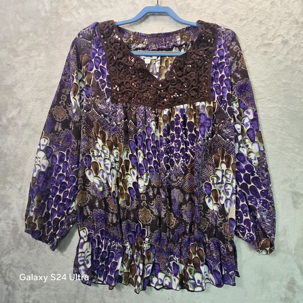 Dressbarn Blouse Top Womens XL Multicolor Printed Casual Lace V Neck Long Sleeve